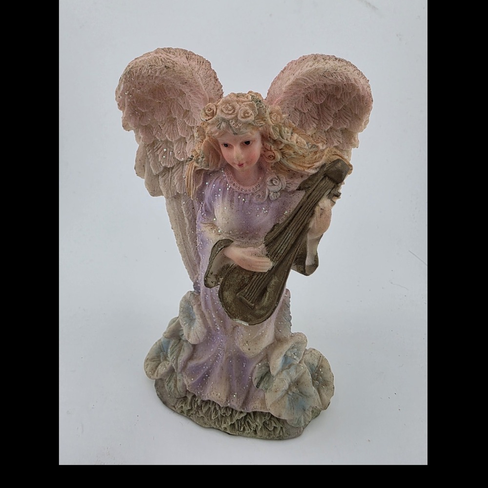 Angel Figurine Playing Lute Harp Glitter Floral Wings Greenbrier 5.5"‎